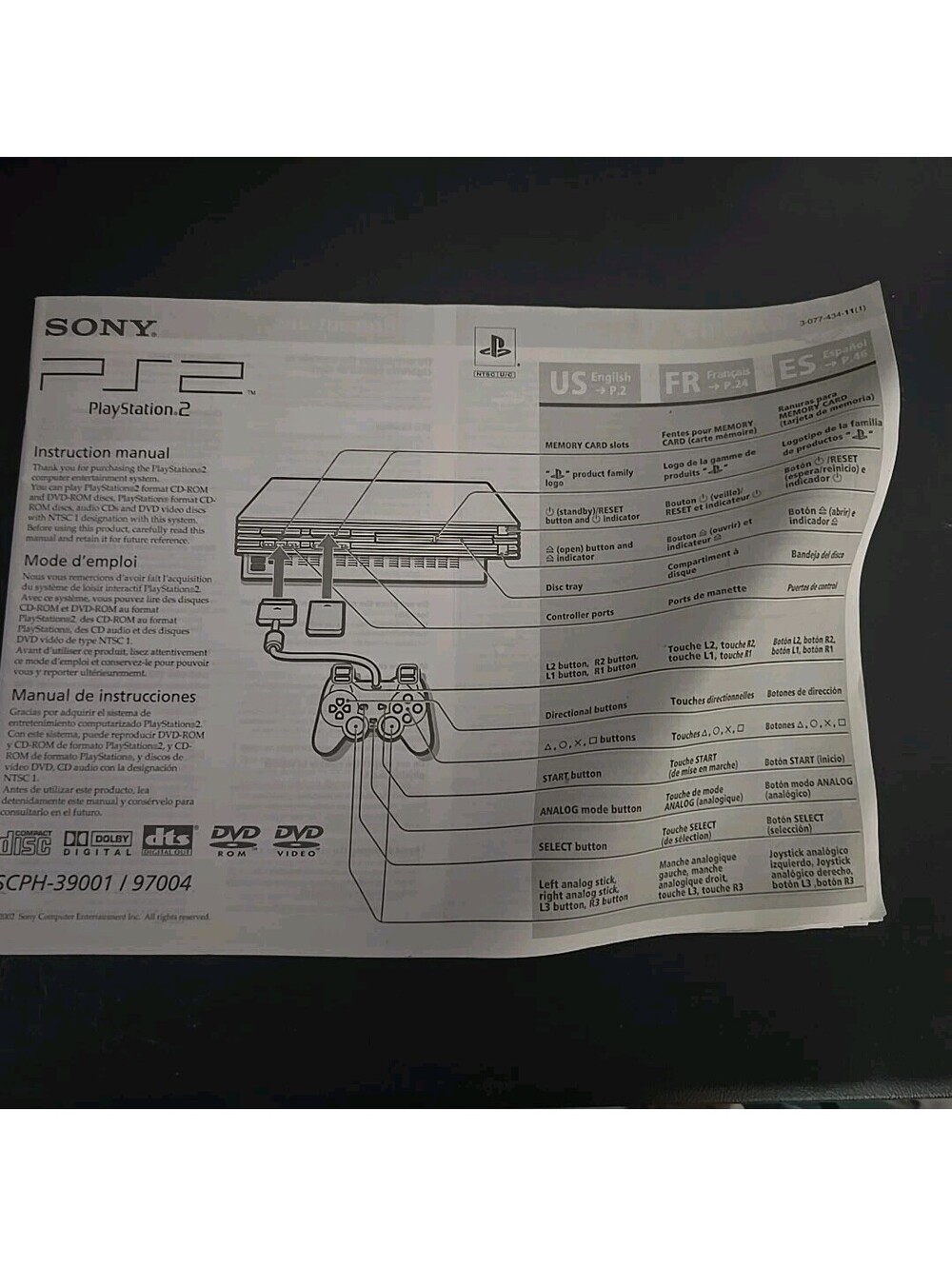Sony PS2 Instruction Manual Console Only SCPH-39001/ 97004 Playstation